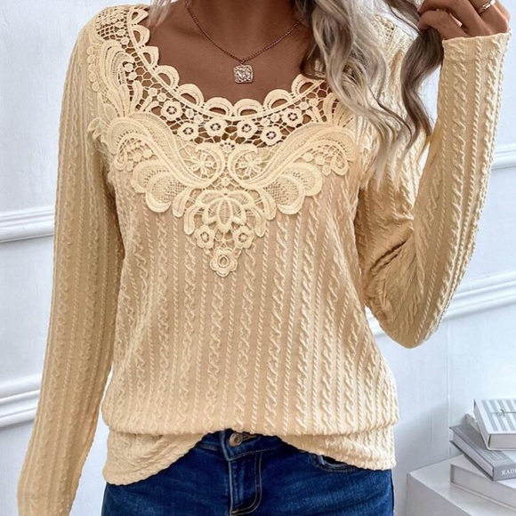 Tops - Apricot Beige Lace Neck Cable Knit Top in M